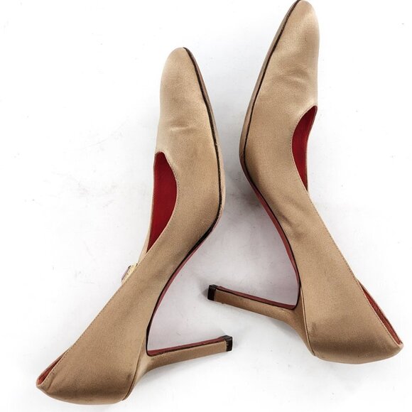 JUDITH LEIBER Tan Satin Pumps Heels With Amethyst Jewel - Picture 8 of 13